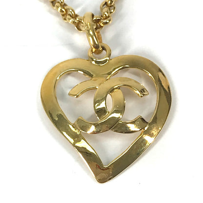 CHANEL Necklace Gold Plated gold vintage Heart CC COCO Mark