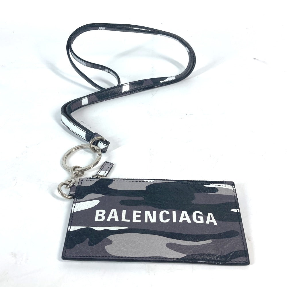 BALENCIAGA Coin case 594548 leather Black x silver Neck With Strap Wallet Camouflage camouflage logo mens(Unisex)