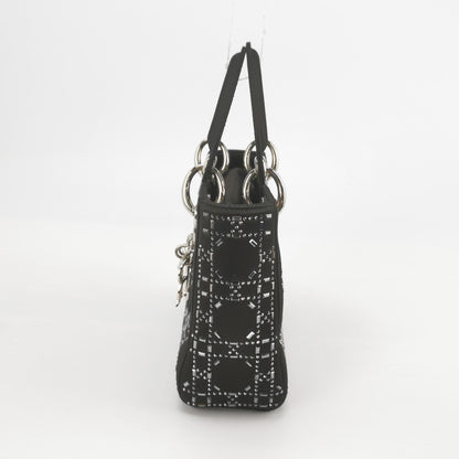 Lady Dior Mini Black Silk with Crystals Silver Hardware