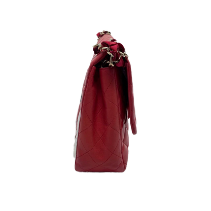 Chanel Classic Flap 2009 Large Red Leather Gold Hardware Velvet Chain Matelasse Strap