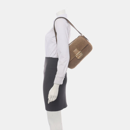 Fendi Baguette Medium Double Sided Shearling Light Beige Brown Shoulder Bag