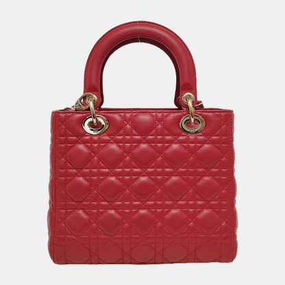 Lady Dior Medium Red Lambskin Leather Gold Hardware Leather Strap