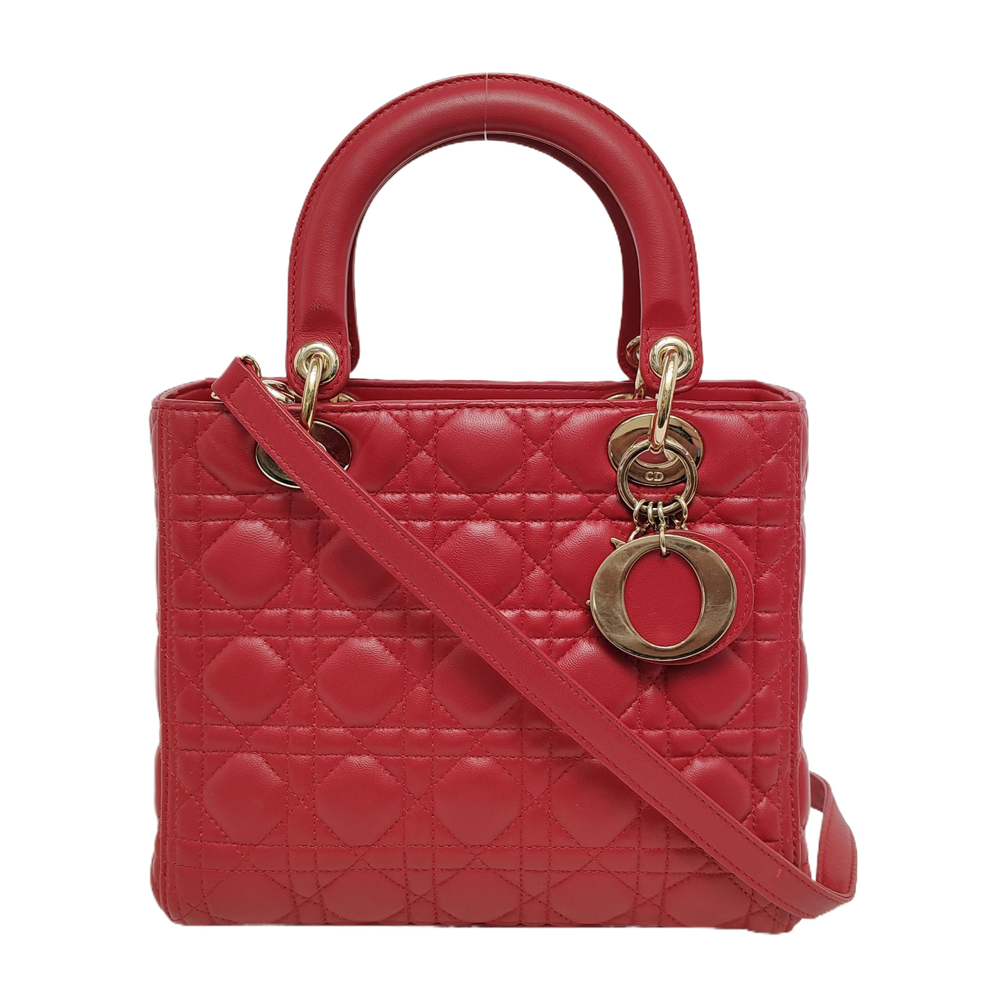 Lady Dior Medium Red Lambskin Leather Gold Hardware Leather Strap