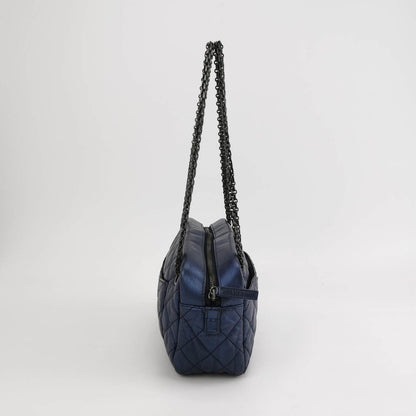 Chanel 2008 Metallic Aged Calfskin Quilted Small 2.55 Mademoiselle Camera Case Bag Blue
