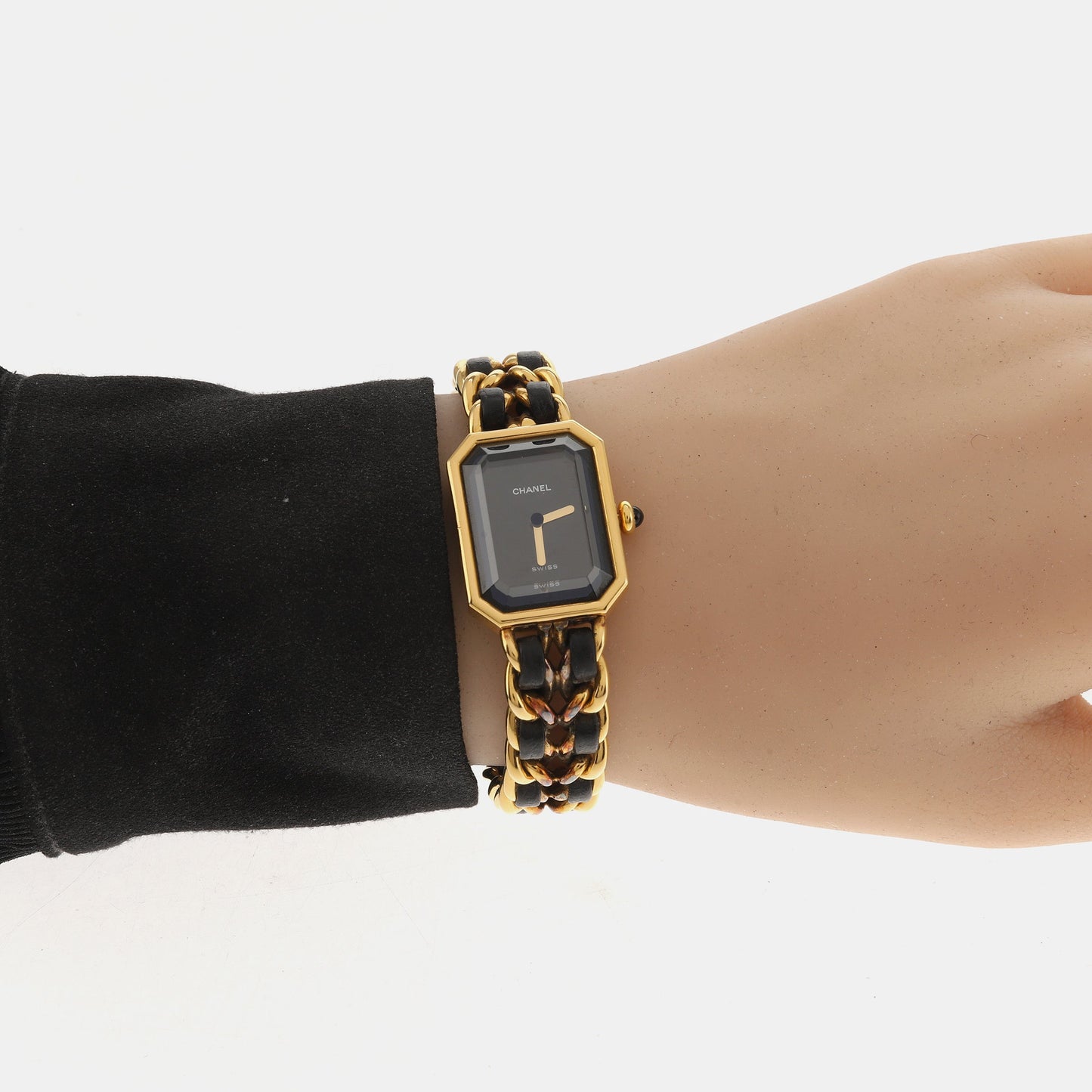 CHANEL 1987 Vintage PREMIERE Watch L Black Leather and 24KT Yellow Gold Plated