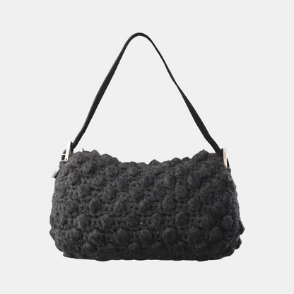 Fendi Baguette Bag Grey Crochet Knit Wool Pompom Shoulder Bag