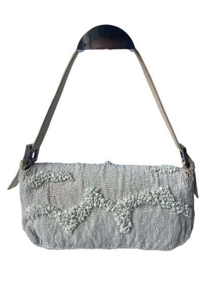 Fendi Baguette White Beaded with Stones in Wave Pattern