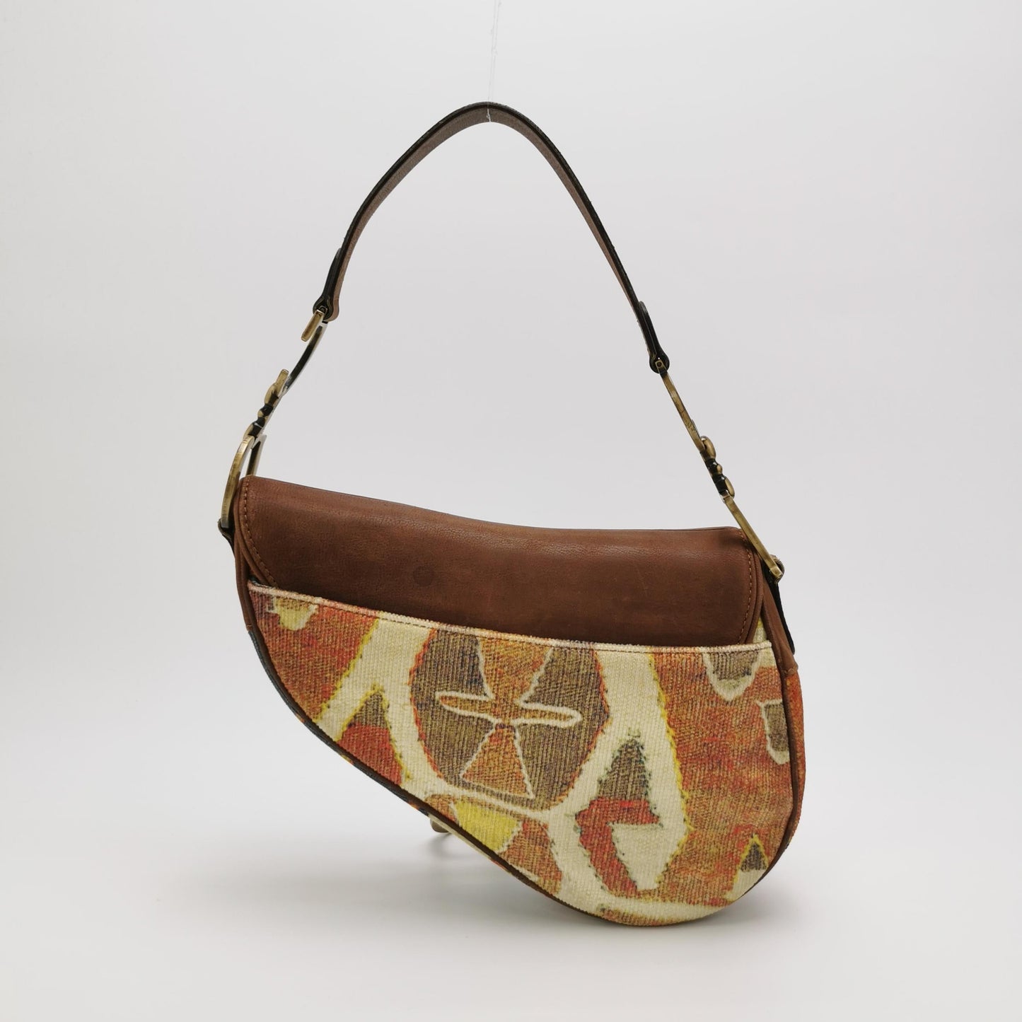 Dior Saddle Vintage Brown Leather Printed Velvet Gold Hardware Shoulder Bag