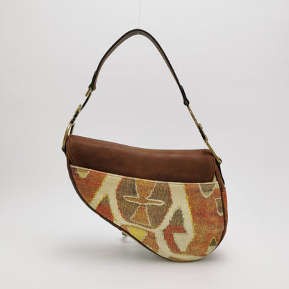 Dior Saddle Vintage Brown Leather Printed Velvet Gold Hardware Shoulder Bag