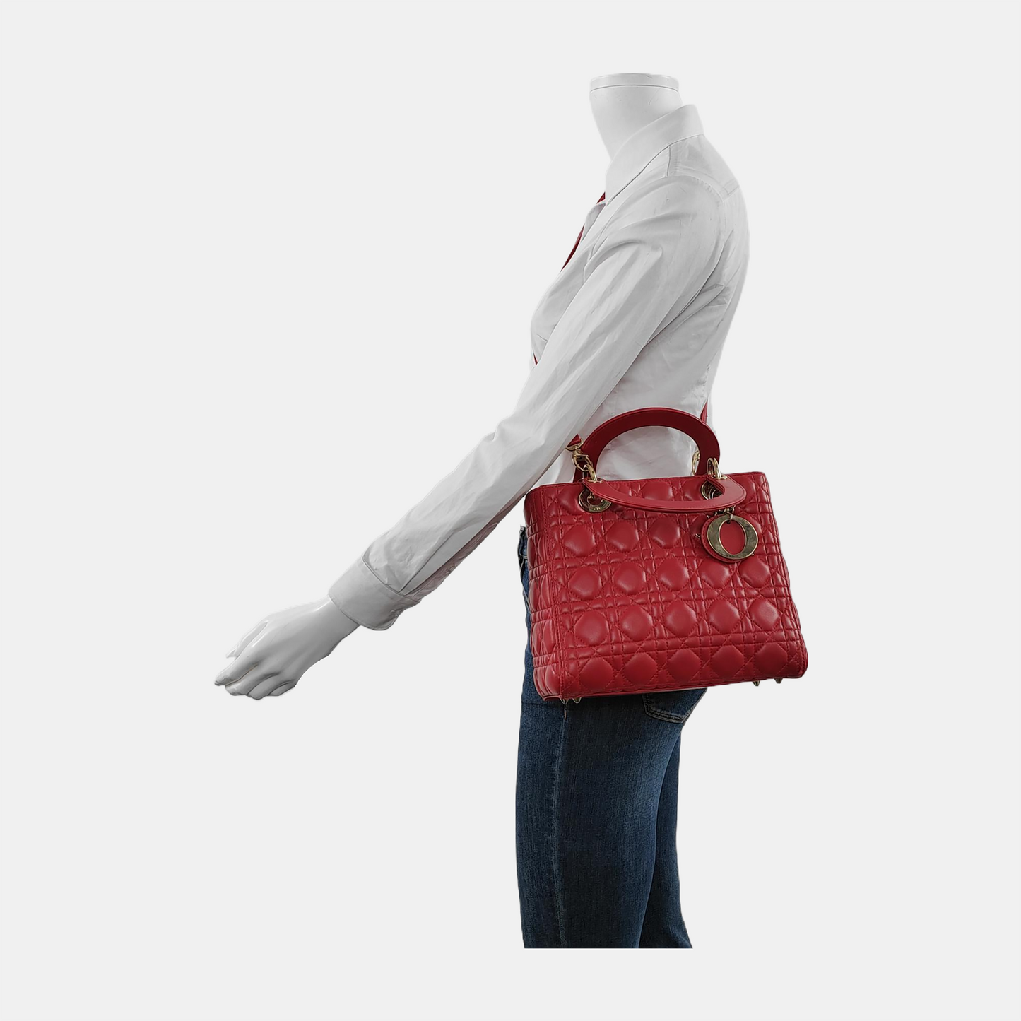 Lady Dior Medium Red Lambskin Leather Gold Hardware Leather Strap