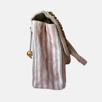 Chanel Vintage XXL Maxi Pink Striped Travel Flap Bag Canvas Gold Hardware