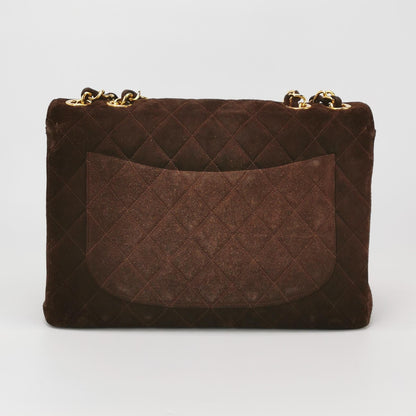 Chanel Classic Flap Maxi Chocolate Brown Suede Leather Giant Gold CC Logo