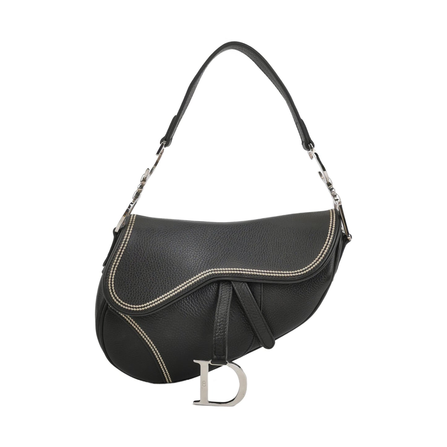 Dior Saddle Vintage Black Calfskin Leather With White Stitching Silver Hardware