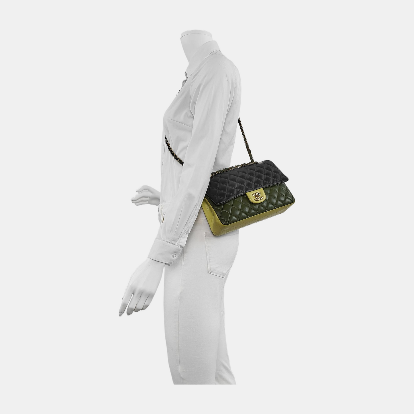 Chanel Timeless Classic Flap Medium Tricolor Black Green Lambskin Leather Gold-tone Hardware