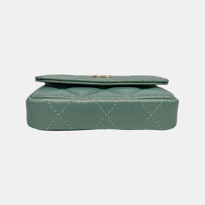 Chanel CC Pearl Coin Card Holder with Chain Quilted Green Caviar Leather Gold Hardware 2021
