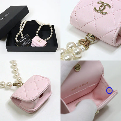 CHANEL Mobile case Lambskin, Faux Pearl pink Necklace COCO Mark Matrasse airpods case Women