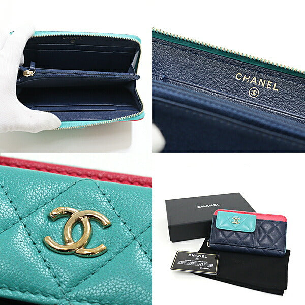 CHANEL Long Wallet Purse AP1140 Goatskin Navy/Green/Pink/Gold Metal Wallet / accessories Matrasse Women