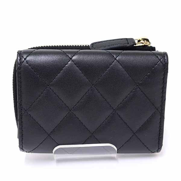 CHANEL Tri-fold wallet lambskin black Compact wallet