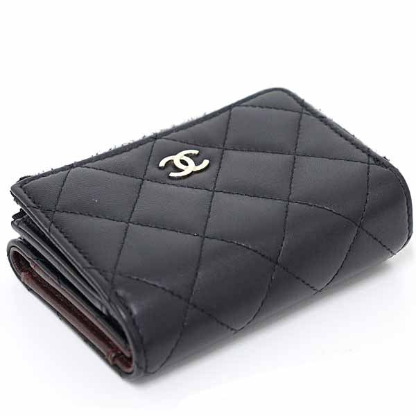 CHANEL Tri-fold wallet lambskin black Compact wallet