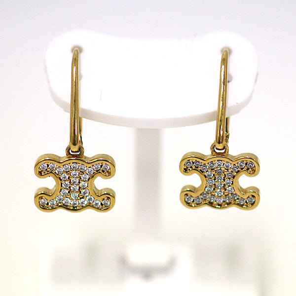 CELINE Pierce Gold Plated, Rhinestone gold Triomphe logo earrings Women