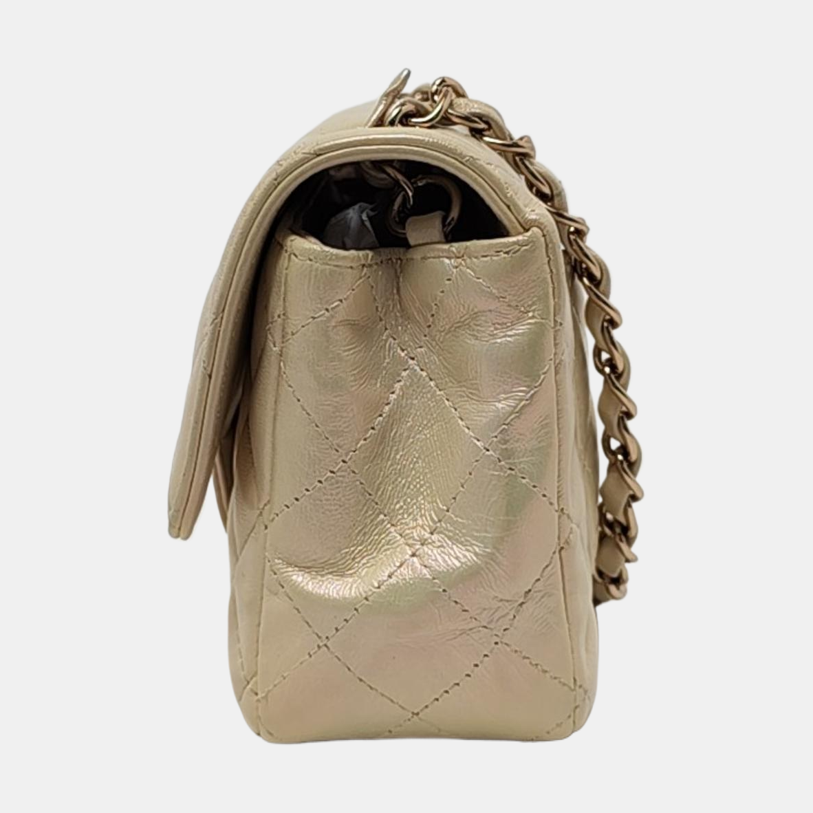 Chanel Classic Flap Rectangular Mini Pearlescent Gold Champagne Lambskin Leather Gold Hardware
