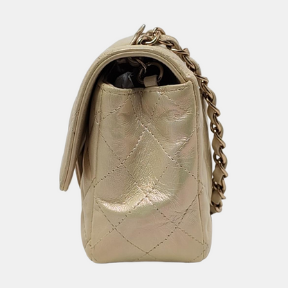 Chanel Classic Flap Rectangular Mini Pearlescent Gold Champagne Lambskin Leather Gold Hardware