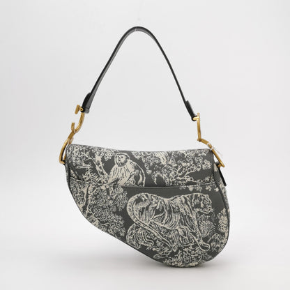 Christian Dior Saddle Medium Grey Canvas Rain Forest Prints Tiger