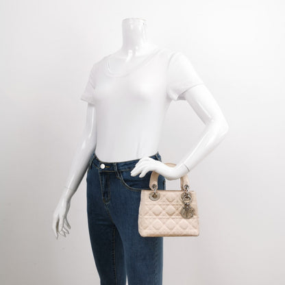 Lady Dior Mini 2004 Beige Silk Handbag Silver Hardware