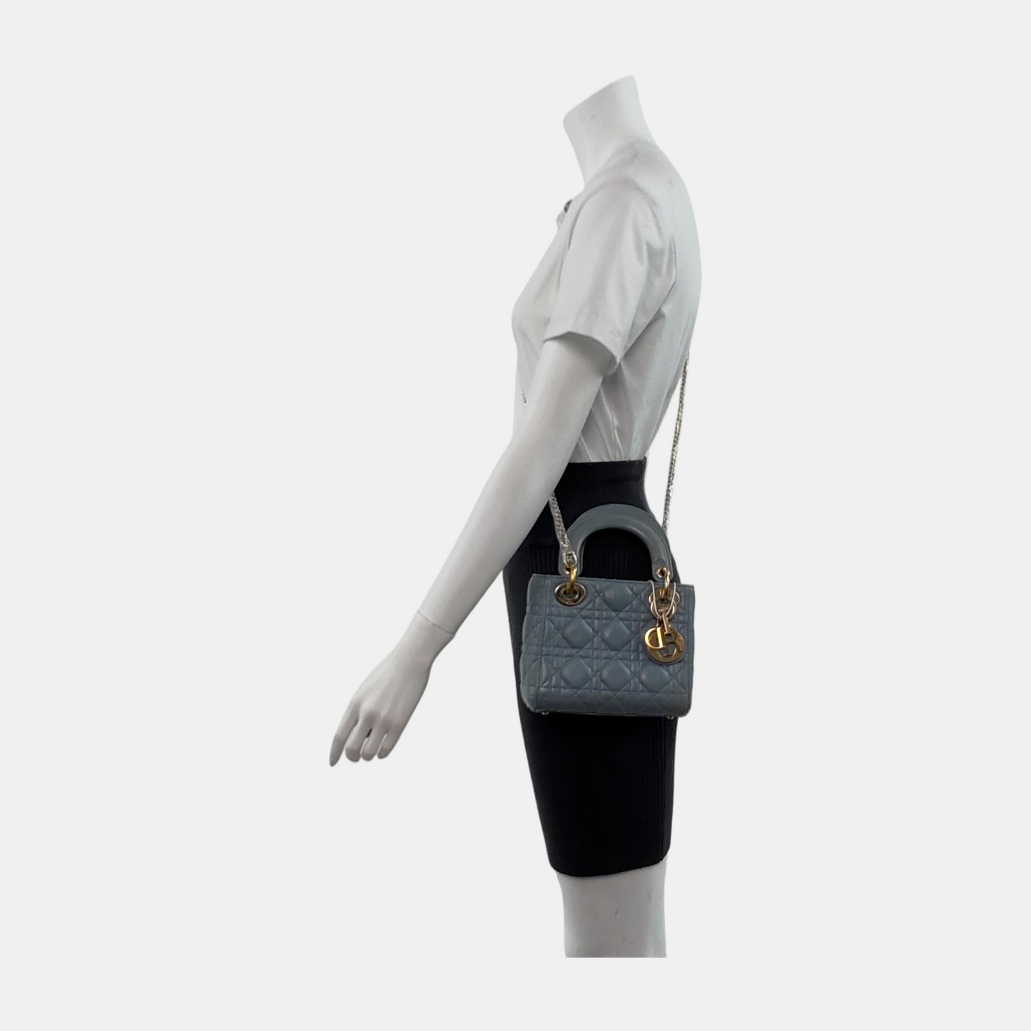 Lady Dior Mini Grey Blue Cannage Lambskin Gold Hardware Chain Strap