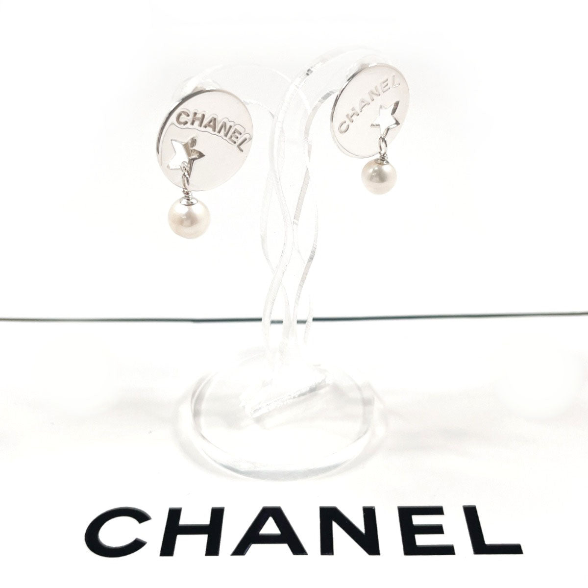 CHANEL Earring Silver925, fake pearl Silver Star Round plate logo