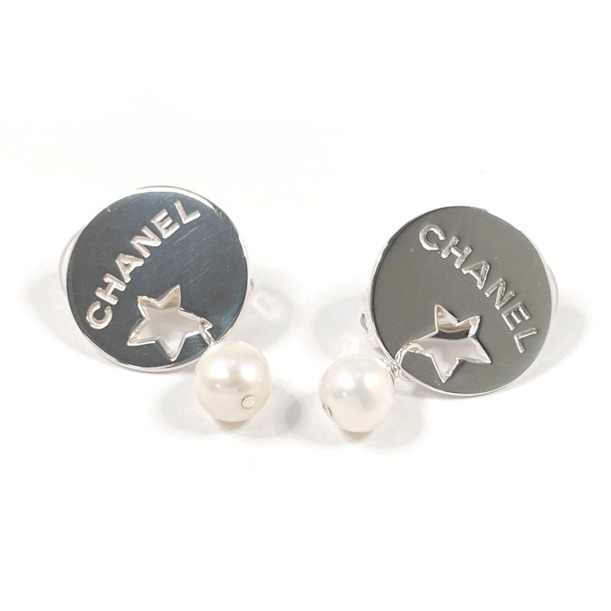 CHANEL Earring Silver925, fake pearl Silver Star Round plate logo