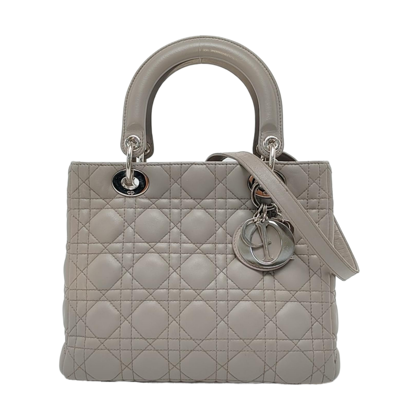 Lady Dior Medium Grey Lambskin Leather Silver Hardware Leather Strap