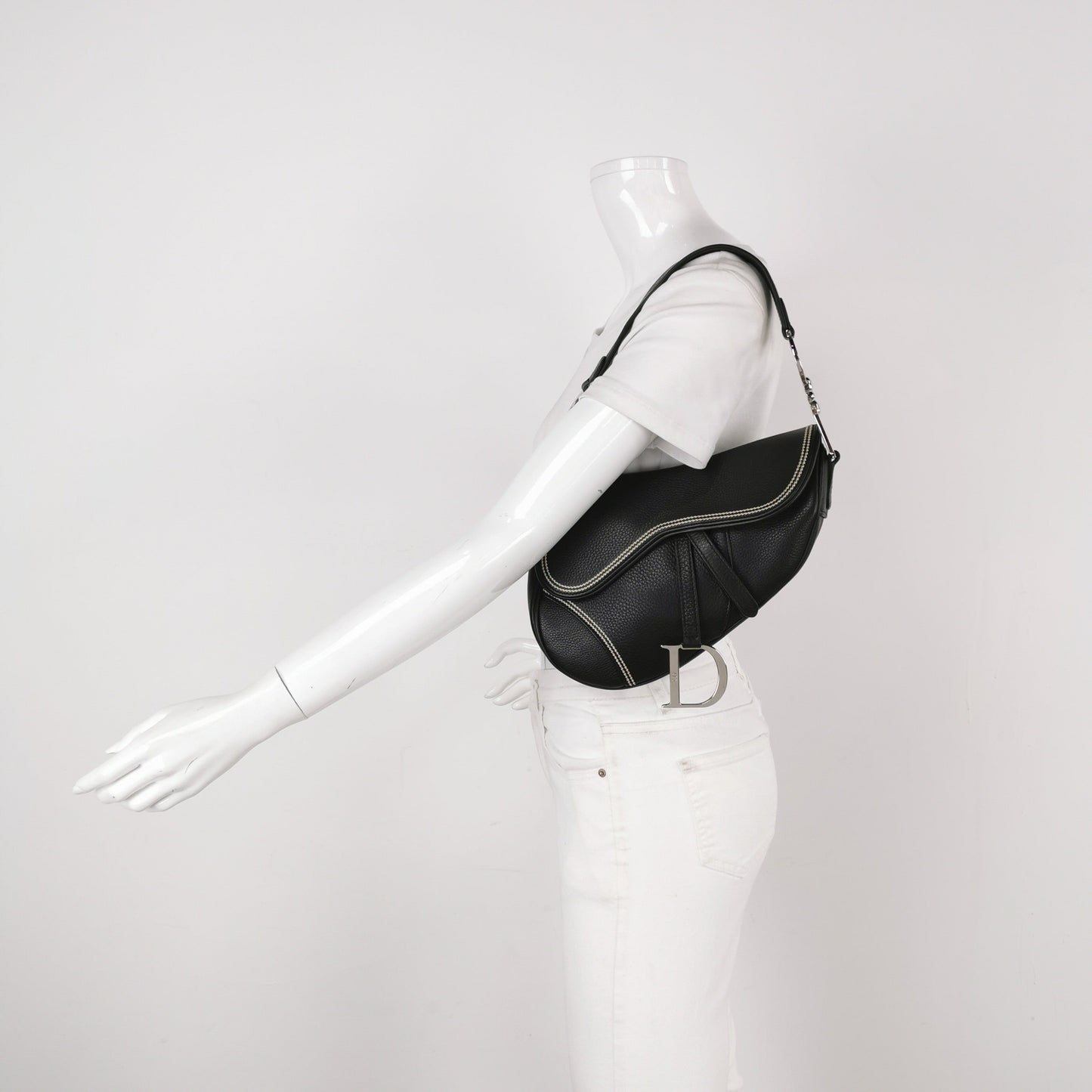 Dior Saddle Vintage Black Calfskin Leather With White Stitching Silver Hardware