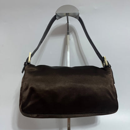 FENDI Baguette Brown Silk Satin with Crystal Buckle Shoulder Bag