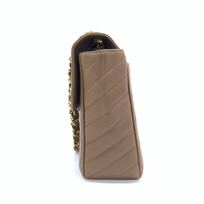 Chanel Vintage Classic Maxi Single Flap Taupe Brown Caviar Chevron Stitch 24 Gold Hardware