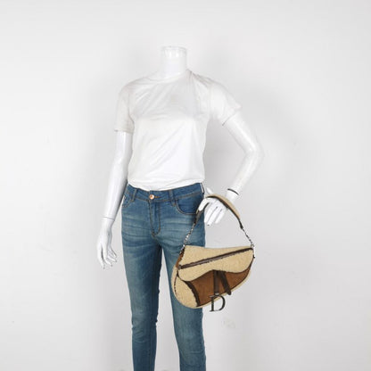 Dior Saddle Vintage Shoulder Bag Shearling Brown and While