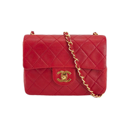 Chanel Vintage Classic Flap Mini Square Red Lambskin 24k Gold HW, 1989-1991