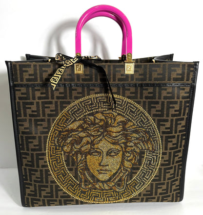 FENDACE FENDI X VERSACE ZUCCA FF MEDUSA STUDDED SUNSHINE LARGE TOTE BAG
