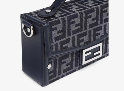 FENDI FF BLUE JACQUARD AND LEATHER SOFT TRUNK BAGUETTE BAG