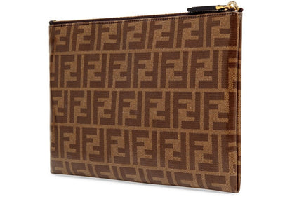 FENDI FF LOGO ZUCCA COATED CANVAS & LEATHER POUCH