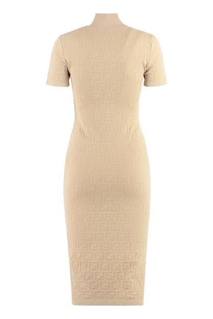 FENDI FF MOTIF RIBBED KNIT MIDI DRESS
