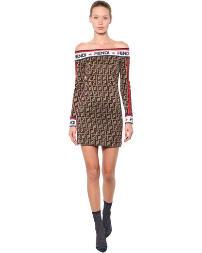 FENDI X FILA MANIA OFF-THE-SHOULDER PRINTED COTTON-BLEND MINI DRESS