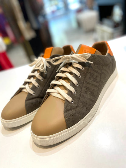 FENDI FF LOGO JACQUARD CALFSKIN LEATHER SNEAKERS