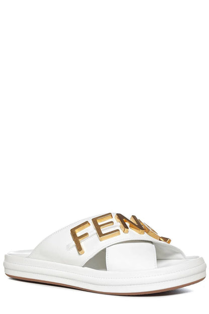 FENDI FENDIGRAPHY LOGO CRISSCROSS LEATHER SLIDE SANDALS