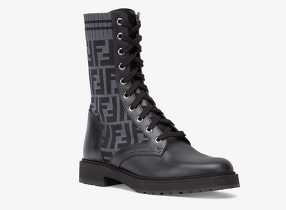 FENDI ROCKOKO LEATHER & STRETCH FABRIC BIKER BOOTS