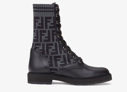 FENDI ROCKOKO LEATHER & STRETCH FABRIC BIKER BOOTS