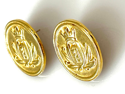 FENDI SIGNED CROWN CREST LOGO INSIGNIA COIN STUD EARRINGS