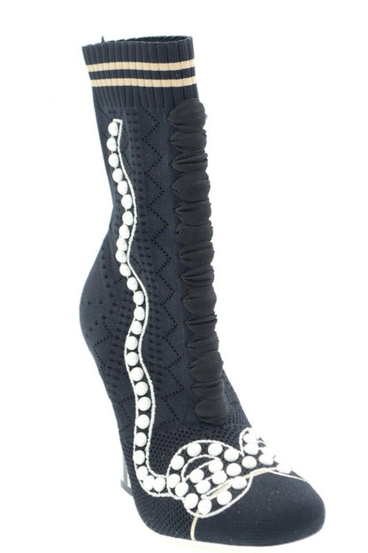 FENDI STRETCH FABRIC PEARL EMBELLISHED ROCKOKO OPENWORK SOCK BOOTS