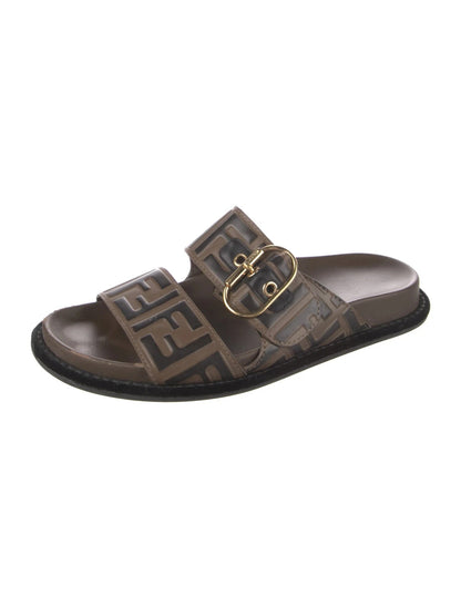 FENDI ZUCCA CALFSKIN FF EMBOSSED SLIDE SANDALS