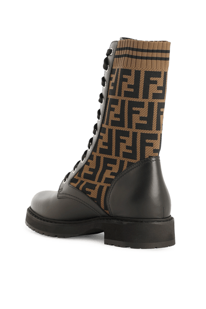 FENDI FF KNIT LEATHER ROCKOKO COMBAT BOOTS